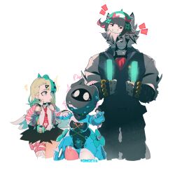  1boy 2girls ? absurdres animal_ear_fluff animal_ears aria_(zenless_zone_zero) arm_warmers artist_name bag bandaid bandaid_hair_ornament black_gloves black_pants black_skirt body_fur bow character_mask closed_mouth collared_vest colored_tips commentary earrings english_commentary fingerless_gloves fur-trimmed_skirt fur_trim furry furry_male gloves gold_ring green_bow green_hair hair_ornament highres humanoid_robot jewelry looking_at_another mask mask_on_head multicolored_hair multiple_girls multiple_hair_clips multiple_rings musical_note_earrings muzzle_(mask) nangong_yu necktie once_11h pants parted_lips pink_arm_warmers pink_bag red_necktie ring robot robot_girl shirt simple_background skirt sleeves_rolled_up striped_arm_warmers sunna_(zenless_zone_zero) sweatdrop tail vest von_lycaon white_background white_fur white_shirt white_wings winged_bag wings wolf_boy wolf_ears wolf_tail zenless_zone_zero 