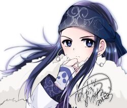  1girl ainu ainu_clothes akabuchi_megane asirpa blue_hair cloak closed_mouth commentary_request dated earrings fur_cloak golden_kamuy headband highres hoop_earrings jewelry long_hair looking_at_viewer simple_background solo upper_body white_background 