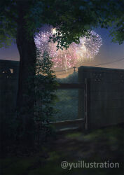  aerial_fireworks commentary_request fireworks gate gradient_sky highres night no_humans original outdoors plant power_lines scenery sky stone_wall tree twitter_username utility_pole variant_set yuillustration 