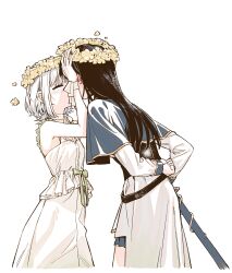  2girls absurdres arm_behind_back bang_dream! bang_dream!_it's_mygo!!!!! bare_arms blue_cape blush brown_hair cape closed_eyes commentary dress head_wreath highres kaname_raana long_hair medium_hair multiple_girls neonfloyd shiina_taki simple_background skirt sword untranslatable_commentary weapon white_background white_dress white_hair white_skirt yuri 