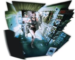  1girl 2boys artist_request bag black-framed_eyewear black_bag black_bra black_choker black_sports_bra blue_scrunchie bra braid brochure censored censored_identity choker earrings glasses grey_eyes grey_hair hair_ornament hair_scrunchie hand_on_own_hip hand_up handbag hedgehog_sticker highres holding_sticker hood hoodie hoop_earrings jacket jewelry magazine_rack midriff multiple_boys o-ring o-ring_legwear off_shoulder official_art pants path_to_nowhere pine_(path_to_nowhere) plaid_clothes plaid_jacket railing scrunchie shoes shoulder_strap sleeveless sleeveless_hoodie sneakers sports_bra stairs sticker television underwear vending_machine white_jacket yoga_pants 