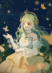  1girl absurdres bare_shoulders brown_eyes bug butterfly chinese_commentary clenched_hand closed_mouth collar commentary_request cowboy_shot detached_collar detached_sleeves dot_nose dress earrings fireflies flower frilled_collar frilled_dress frilled_sleeves frills gold_tiara green_hair hair_flower hair_ornament happy highres himawari901 infinity_nikki jewelry layered_sleeves lips long_sleeves looking_at_animal night nikki_(series) outdoors outstretched_hand pink_lips rose see-through_clothes see-through_sleeves short_over_long_sleeves short_sleeves smile solo standing strapless strapless_dress two-tone_dress wavy_hair white_dress white_sleeves wind wishful_aurosa_(infinity_nikki) yellow_butterfly yellow_collar yellow_dress yellow_flower yellow_rose 