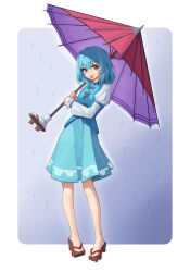  1girl :p blue_eyes blue_hair blue_vest brown_sandals commentary full_body heterochromia highres holding holding_umbrella juliet_sleeves long_sleeves looking_at_viewer puffy_sleeves purple_umbrella rain red_eyes red_umbrella sandals shirt solo tatara_kogasa toes tongue tongue_out touhou tsubutsubu umbrella vest white_shirt 