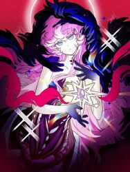  1girl absurdres bare_shoulders black_hands black_veil blue_eyes blue_veil closed_mouth colored_extremities dress floating_hair halo halo_behind_head head_tilt highres holding holding_star long_hair looking_at_viewer nautika_(reverse:1999) pink_hair plunging_neckline qiuyeqing red_background reverse:1999 solo sparkle star_(symbol) strapless strapless_dress two-tone_veil upper_body veil very_long_hair 