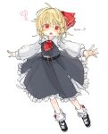  1girl ? black_footwear black_skirt black_vest blonde_hair frilled_skirt frills hair_between_eyes hair_ribbon highres open_mouth osakanadream red_eyes red_ribbon ribbon rumia shoes short_hair simple_background skirt socks solo touhou vest white_background white_socks 