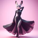  1girl animal_ears black_dress dress eyeliner eyeshadow full_body furry furry_female grey_fur judy_hopps looking_at_viewer makeup rabbit rabbit_ears rabbit_girl thick_eyebrows thighs two-tone_fur wide_hips zootopia 