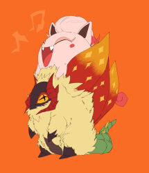  absurdres blush_stickers closed_eyes commentary_request fangs full_body highres isyouderatyuuta music no_humans open_mouth orange_background pokemon pokemon_(creature) scream_tail simple_background singing slither_wing 