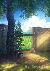  blue_sky clouds commentary_request day gate highres no_humans original outdoors plant power_lines scenery sky stone_wall tree twitter_username utility_pole variant_set yuillustration 