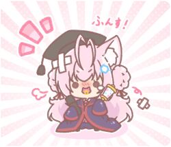  1girl animal_ear_fluff animal_ears antenna_hair black_hat blue_robe blush chibi colored_shadow commentary_request crossed_bandaids double_bun hair_between_eyes hair_bun hakui_koyori hat highres holding hololive long_hair long_sleeves mitarashi_neko mortarboard nose_blush notice_lines outline pacifier pink_hair polka_dot polka_dot_background rattle robe shadow sleeves_past_fingers sleeves_past_wrists solid_circle_eyes solo sunburst sunburst_background tears tilted_headwear translation_request tube very_long_hair virtual_youtuber white_outline 