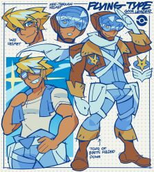 1boy aviator_sunglasses badge badge_(pokemon) blonde_hair blue_eyes blue_gloves blue_jumpsuit blue_scarf blue_theme blue_visor bomber_jacket brown_helmet english_text fur-trimmed_jacket fur_trim gloves grin helmet highres jacket jumpsuit male_focus multicolored_eyes multiple_views original pilot pokemon reference_sheet scarf shirt sideburns smile smirk sparkle sunglasses the_noodle_(onebadnoodle) thick_eyebrows towel towel_around_neck two-tone_eyes white_shirt yellow_eyes 