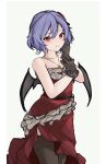  1girl absurdres alternate_costume bat_wings black_thighhighs closed_mouth dress grey_background highres jewelry looking_at_viewer orchid_(orukido) parted_lips pendant purple_hair red_dress red_eyes remilia_scarlet short_hair sile simple_background sketch solo thigh-highs touhou wings 