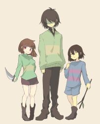  1girl 2boys :> :o antenna_hair arm_behind_back blue_shorts blue_sweater blush_stickers bob_cut boots breasts brown_boots brown_hair brown_pants brown_shirt brown_shoes brown_shorts chara_(undertale) clenched_hand clenched_hands closed_eyes closed_mouth collared_shirt commentary_request deltarune double_horizontal_stripe expressionless facing_viewer frisk_(undertale) full_body genderswap genderswap_(otf) genderswap_(otm) green_sweater heart heart_necklace height_difference highres holding holding_knife holding_stick in-franchise_crossover jewelry knife komugiko_(bitte_komu) kris_(deltarune) long_sleeves looking_at_viewer male_focus medium_breasts multiple_boys necklace open_collar open_mouth pants pink_sweater red_eyes shaded_face shirt shoes short_hair short_shorts shorts simple_background single_horizontal_stripe smile standing stick sweater swept_bangs turtleneck turtleneck_sweater two-tone_sweater undertale utdr_(toby_fox) yellow_background yellow_sweater 