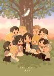  5girls 6+boys :d =_= annie_leonhardt armin_arlert bertolt_hoover blush book chibi christa_renz connie_springer eating eren_yeager freckles full_body happy head_on_head head_rest holding holding_book in-universe_location jean_kirchstein kima33333 marco_bodt mikasa_ackerman multiple_boys multiple_girls reiner_braun sasha_braus shingeki_no_kyojin smile sparkling_aura thank_you tree under_tree ymir_(shingeki_no_kyojin) yuri 