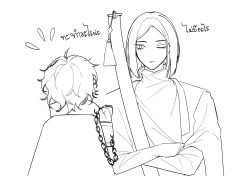  1boy 1girl absurdres black_sleeves blonde_hair cape chain chained_wrists closed_mouth collar cuffs cuffs-to-collar don_quixote_(project_moon) gold_collar handcuffs haori highres holding holding_sword holding_weapon index_(identity)_(project_moon) jacket japanese_clothes lilsumashhh long_sleeves parted_bangs pinky_(identity)_(project_moon) shirt sinclair_(project_moon) sword tsurime turtleneck turtleneck_shirt undershirt weapon white_background white_cape yellow_eyes 