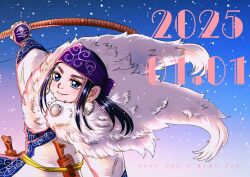  1girl absurdres ainu ainu_clothes asirpa blue_eyes bow_(weapon) cloak closed_mouth commentary_request dated earrings fur_cloak golden_kamuy headband highres holding holding_bow_(weapon) holding_weapon hoop_earrings jewelry long_hair sash smile snowing solo tsuuriya weapon 