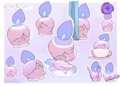  border candle closed_mouth commentary_request fork holding holding_fork holding_spoon litwick multiple_views no_humans outline outside_border pokemon pokemon_(creature) pokemon_focus polka_dot polka_dot_background puddle purple_background reflection reflective_liquid serizawa_serizane spoon twitter_username water white_border white_outline yellow_eyes 
