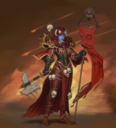  1girl absurdres adepta_sororitas armor axe banner battle_axe black_gloves blue_skin colored_skin commentary crossover demon_girl demon_horns english_commentary full_armor full_body gloves grey_horns hedon_bloodrite highres holding holding_axe holding_banner horns lips looking_at_viewer mole mole_above_mouth nose parted_lips pelvic_curtain power_armor purple_lips realistic red_armor red_eyes scar scar_on_cheek scar_on_face skull skull_ornament solo spiked_armor spiked_horns spikes standing warhammer_40k weapon yangzheyy zan_(hedon) 