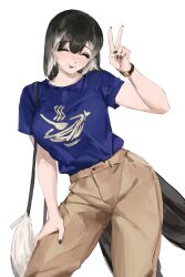  1girl ^_^ bag bird_tail black_hair black_lips black_nails black_tank_top blue_shirt brown_pants closed_eyes closed_mouth commentary cowboy_shot english_commentary fingernails grey_streaks hand_on_own_thigh hand_up highres multicolored_hair nail_polish nashidrop original pants posing print_shirt shirt shirt_tucked_in short_hair short_sleeves shoulder_bag simple_background smile solo standing streaked_hair t-shirt tail tank_top v watch watch white_background white_bag 