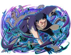  1boy black_gloves black_hair black_pants coat gloves heterochromia looking_at_viewer male_focus naruto_(series) naruto_shippuuden naruto_shippuuden:_ultimate_ninja_blazing official_art open_mouth pants purple_coat red_eyes rinnegan sharingan short_hair solo speech_bubble squatting torn_clothes torn_coat uchiha_obito violet_eyes 