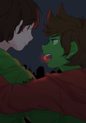  2boys animification antenna_hair arm_around_back blue_eyes brown_hair colored_skin commentary crescent_moon edd_(eddsworld) eddsworld english_commentary eye_contact fangs green_eyes green_hoodie green_skin grey_sky hair_ears height_difference highres hood hood_down hoodie jitome long_sleeves looking_at_another male_focus moon multiple_boys open_mouth outdoors red_hoodie short_hair signature sky tongue tongue_out tord_(eddsworld) upper_body yesterdayheadache zombie 