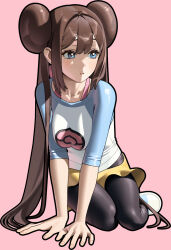  1girl 987645321o black_pantyhose blue_eyes blush breasts brown_hair closed_mouth collarbone commentary donut_hair_bun double_bun hair_between_eyes hair_bun highres large_breasts long_hair missing_headwear pantyhose pantyhose_under_shorts pink_background poke_ball_print pokemon pokemon_bw2 raglan_sleeves rosa_(pokemon) shirt shoes short_shorts shorts simple_background solo thick_lineart twintails untranslatable_commentary yellow_shorts 