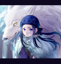  1girl absurdres asirpa black_hair blue_eyes blurry blurry_background cloak cocosuke commentary_request earrings fur_cloak golden_kamuy headband heavy_breathing highres hoop_earrings jewelry letterboxed long_hair looking_at_viewer purple_headband retar wolf yellow_eyes 