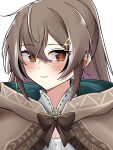  bow bowtie brown_bow brown_bowtie brown_cape brown_eyes brown_hair cape hair_ornament highres hololive hololive_english long_hair nanashi_mumei rinny_rin2 smile 