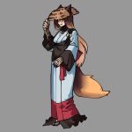  1girl alternate_costume animal_ears bandaged_hand bandages brown_hair claws full_body grey_background highres imaizumi_kagerou japanese_clothes kaibootsu long_hair multicolored_clothes red_eyes smile solo tail touhou wolf_ears wolf_girl wolf_tail 