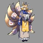  1girl :3 adapted_costume animal_ears black_footwear blonde_hair closed_mouth commentary english_commentary fox_ears fox_girl fox_tail full_body grey_background highres kaibootsu kitsune long_sleeves looking_at_viewer multiple_tails ofuda short_hair simple_background solo standing tabard tail touhou yakumo_ran yellow_eyes 