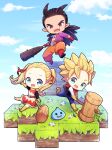  1girl 2boys :d belt black_hair blonde_hair blue_eyes chibi clouds club_(weapon) debris dragon_quest dragon_quest_builders_2 dress female_builder_(dqb2) gloves hair_ribbon hammer highres holding holding_hammer holding_weapon jewelry looking_at_viewer male_builder_(dqb2) mameko_minami multicolored_clothes multiple_boys necklace pants red_eyes ribbon running scarf sidoh_(dqb2) sitting sky slime_(dragon_quest) smile spiked_club teeth tooth_necklace twintails upper_teeth_only vest weapon yellow_footwear yellow_gloves 