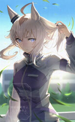  1girl ahoge animal_ears blue_eyes blue_sky blush breasts closed_mouth commentary_request ear_ornament grey_hair hair_between_eyes hair_ornament hair_scrunchie highres horse_ears horse_girl jacket kasamatsu_tracen_training_uniform korokoro_nekoz leaf long_hair long_sleeves multicolored_hair multicolored_jacket oguri_cap_(umamusume) outdoors pants purple_jacket purple_pants purple_track_suit scrunchie sky solo track_jacket track_pants track_suit two-tone_jacket umamusume umamusume:_cinderella_gray 