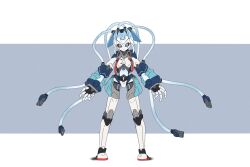  1girl black_sclera blue_eyes blue_hair closed_mouth colored_sclera commentary deevious_deevi english_commentary expressionless full_body highres hololive hololive_indonesia hose joints kobo_kanaeru kobo_kanaeru_(1st_costume) looking_at_viewer mechanical_hair mechanization metal_skin open_hands robot_girl robot_joints shadow simple_background solo standing tube white_hair 