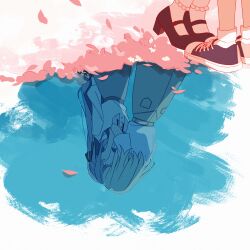 2girls absurdres bang_dream! bang_dream!_it's_mygo!!!!! black_shoes blonde_hair blue_hair blue_sky brown_skirt cherry_blossoms commentary_request day falling_petals green_ribbon grey_skirt hair_ribbon highres kiss long_hair meeeeei misumi_uika multiple_girls outdoors petals reflection reflective_liquid ribbon shirt shoes skirt sky socks tiptoes togawa_sakiko two_side_up white_shirt white_socks yuri 