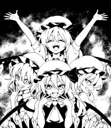  1girl \o/ arms_up ascot commentary crystal flandre_scarlet frills greyscale grin hat mob_cap monochrome open_mouth outstretched_arms shiguma_(signalmass) smile touhou wings 