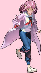  1girl 987645321o arched_bangs blue_pants breasts brown_eyes cardigan closed_mouth collarbone collared_shirt commentary eyelashes full_body gloves hair_ornament hairclip highres lacey_(pokemon) long_sleeves neckerchief open_cardigan open_clothes pants pink_background pink_cardigan pink_hair pokemon pokemon_sv purple_cardigan red_gloves red_neckerchief shirt shoes short_hair simple_background single_glove solo untranslatable_commentary white_shirt white_shoes yellow_eyes 