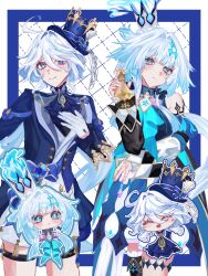  2girls ahoge ascot bare_shoulders blue_ascot blue_eyes blue_fire blue_hair blue_hat blue_jacket brooch cerydra_(honkai:_star_rail) chess_piece chibi commentary_request cowboy_shot crown fire furina_(genshin_impact) hat highres holding holding_chess_piece jacket jewelry long_hair looking_at_viewer mihoyo mini_crown multiple_girls multiple_views nyago_(nyago_275) smile standing thigh_strap top_hat very_long_hair white_hair 