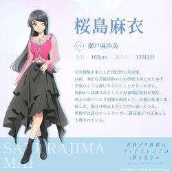  1girl ankle_boots bare_legs belt black_skirt boots breasts character_name character_profile collarbone commentary commentary_request crossed_legs full_body grey_eyes grey_hair highres holding holding_microphone lace-up_boots large_breasts layered_skirt long_sleeves looking_to_the_side medium_skirt microphone midriff_peek one_eye_closed pink_shirt sakurajima_mai see-through_clothes see-through_sleeves seishun_buta_yarou seto_asami shirt simple_background skirt standing text_focus two-tone_background watson_cross 