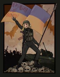  1girl archirai balkenkreuz black_jacket black_pants blonde_hair body_armor boots brown_eyes cargo_pants cross fingerless_gloves flag_writing flagpole gloves gun hand_up helmet highres holding holding_pole jacket kalashnikov_rifle magazine_(weapon) marichka military military_combat_uniform military_uniform non-web_source open_mouth original pants pole russo-ukrainian_war skull translation_request tryzub ukrainian_flag ukrainian_ground_forces ukrainian_text vehicle_request weapon 