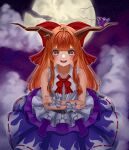  1girl absurdres ahoge blunt_bangs blush bow bowtie broken_moon brown_horns buttons chain clouds commentary_request cowboy_shot crossed_arms flame_print flat_chest full_moon hair_bow hair_intakes highres horn_bow horn_ornament horns ibuki_suika layered_skirt long_hair looking_at_viewer medium_bangs moon open_mouth orange_hair print_skirt purple_bow purple_skirt purple_sky red_bow red_bowtie ribbon-trimmed_skirt ribbon_trim shalunishka shirt sidelocks skirt sky sleeveless sleeveless_shirt smile solo star_(sky) starry_sky teeth tongue torn_clothes torn_sleeves touhou v-shaped_eyebrows very_long_hair white_shirt wrist_cuffs 