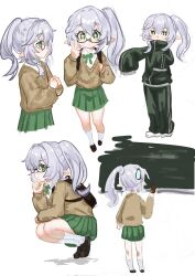  070203wjx 1girl alternate_costume arm_on_thigh asymmetrical_sidelocks backpack bag bespectacled black_bag board_eraser braid brown_sleeves brown_sweater chalkboard closed_mouth contemporary cross-shaped_pupils eyelashes fingernails full-length_zipper full_body genshin_impact glasses green_eyes green_jacket green_pants green_skirt green_sleeves hair_between_eyes half_crown_braid hand_on_own_chin hands_up highres holding_board_eraser jacket long_hair long_sleeves looking_at_viewer looking_to_the_side medium_skirt multiple_views nahida_(genshin_impact) own_hands_together pants pleated_skirt pointy_ears school_uniform semi-rimless_eyewear shoes side_ponytail sidelocks skirt sleeves_past_fingers sleeves_past_wrists solo squatting sweatdrop sweater symbol-shaped_pupils tareme thinking track_jacket track_pants turtleneck turtleneck_jacket white_background white_hair white_shoes white_trim yellow_pupils zipper 