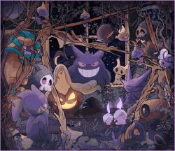  awai_(pixiv29777040) banette border closed_eyes closed_mouth cofagrigus commentary_request drifloon duskull fire floating flower gengar ghost ghost_type_theme_(pokemon) gourgeist grass grin haunter holding holding_mask indoors ivy leaf litwick mask night no_humans open_mouth phantump plant plant_roots pokemon pokemon_(creature) pokemon_focus pokemon_tower_ghost purple_fire sharp_teeth shuppet sitting smile teeth vines window yamask 
