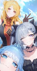  3girls :3 ;d absurdres black_bow black_gloves black_sweater blonde_hair blue_eyes blue_hair blue_sky bow braid braided_bangs breasts closed_mouth clouds commentary cone_hair_bun day double_bun english_commentary fanged_bangs gloves gradient_hair grey_hair grin hair_bow hair_bun hand_up highres holoh3roes hololive hololive_indonesia kaela_kovalskia kaela_kovalskia_(5th_costume) kobo_kanaeru kobo_kanaeru_(5th_costume) large_breasts long_hair looking_at_viewer multicolored_hair multiple_girls official_alternate_costume one_eye_closed outdoors red_eyes ribbed_sweater side_braid side_braids sky sleeveless sleeveless_sweater smile sweater swept_bangs tiara twintails vestia_zeta vestia_zeta_(5th_costume) virtual_youtuber w white_hair yoellim5 