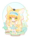  1girl :3 animal_ear_fluff animal_ears ankle_cuffs arknights barefoot blonde_hair blue_hairband blue_skirt blush cardigan chibi chinese_commentary commentary_request creature creature_on_head flower fox_ears fox_girl fox_tail frilled_hairband frills green_eyes hairband heixiu highres holding holding_flower kitsune kyuubi long_hair long_sleeves luo_xiaohei luo_xiaohei_zhanji multiple_tails shirt skirt standing suzuran_(arknights) tail transparent_background white_shirt yellow_cardigan zhi_ma_zhi_zhi 