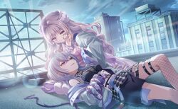  2girls artist_request bare_shoulders belt black_choker black_skirt black_sports_bra black_thighhighs blue_sky bright_pupils building choker closed_mouth clouds crossed_bangs dot_nose dress feet_out_of_frame fishnet_thighhighs fishnets floral_print flower frilled_sleeves frills game_cg grey_eyes grey_hair grey_jacket hair_between_eyes hair_flower hair_ornament hand_on_another's_cheek hand_on_another's_face hand_on_another's_hand hand_on_own_stomach happy happy_tears highres higure_fuka jacket knee_up kneeling knees lace-trimmed_dress lace_trim lap_pillow leg_belt lens_flare light_blush light_particles long_dress long_hair long_sleeves looking_at_another lying magical_girl mahou_shoujo_madoka_magica mahou_shoujo_madoka_magica_magia_exedra midriff miniskirt multiple_belts multiple_girls multiple_piercings nail_polish navel o-ring o-ring_choker official_art on_back on_roof open_clothes open_jacket open_mouth outdoors pantyhose pencil_skirt pink_dress pink_flower pleated_dress print_dress puffy_long_sleeves puffy_sleeves purple_nails rose shirt shirt_under_dress side_slit single_thighhigh skirt sky skyscraper smile spike_piercing spiked_belt spiked_choker spikes sports_bra strapless strapless_dress sun sunrise teardrop tears thigh-highs thigh_belt thigh_strap third-party_source thorns two-sided_fabric two-sided_jacket very_long_hair violet_eyes wavy_hair white_flower white_jacket white_pantyhose white_pupils white_rose white_shirt wiping_tears yoake_sumire 