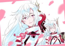  1girl absurdres hair_between_eyes hair_branch highres japanese_clothes kaguya_(rune_factory) long_hair looking_at_viewer multiple_views norrn03 red_rope rope rune_factory rune_factory:_guardians_of_azuma upper_body violet_eyes white_hair 