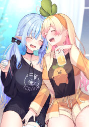  2girls adapted_costume ahoge alcohol alternate_costume beer black_bow black_shirt blonde_hair blue_hair blue_nails blush bow braid breasts character_print choko_(cup) closed_eyes commentary_request cup drooling drunk gradient_hair hair_bow hairband hand_on_another's_thigh heart heart_ahoge highres hiiro_yuya holding holding_cup hololive jacket long_hair momosuzu_nene mouth_drool multicolored_hair multiple_girls nail_polish nekko_(momosuzu_nene) official_alternate_costume official_alternate_hairstyle open_mouth orange_hairband orange_nails orange_pajamas pajamas pink_hair pointy_ears print_shirt shirt shorts side-by-side side_braid sidelocks single_off_shoulder smile striped_clothes striped_jacket twintails virtual_youtuber yukihana_lamy yukihana_lamy_(cyber) yukimin_(yukihana_lamy) 