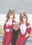  1other 2girls :/ ahoge animal_ears aqua_eyes arms_at_sides blurry blurry_background bow brown_hair closed_mouth crossed_arms day ear_bow grey_hair hair_between_eyes highres horse_ears jacket jewelry light_blush light_smile long_hair long_sleeves looking_to_the_side mafty mr._c.b._(umamusume) multicolored_hair multiple_girls on_railing outdoors pants parted_lips railing side-by-side sitting streaked_hair suiyou_dou_de_shou symboli_rudolf_(umamusume) the_scream tracen_training_uniform track_jacket track_pants track_suit umamusume very_long_hair violet_eyes 