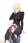  +_+ 2girls black_bodysuit blonde_hair blush bodysuit breasts carrying cheryl_(girls&#039;_frontline) closed_mouth drooling feet_out_of_frame girls_frontline grey_eyes heart highres multiple_girls open_mouth pajamas piggyback redhead scar-h_(girls&#039;_frontline) simple_background smile thighs turtleneck_bodysuit twitter_username variasii white_background 