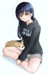  1girl absurdres black_hair black_hoodie boku_no_kokoro_no_yabai_yatsu brown_eyes closed_mouth commentary_request dog grey_shorts highres hood hoodie long_hair looking_at_viewer mole mole_on_neck multiple_moles on_ground print_hoodie sacra_(sacrabokuyaba) shorts simple_background sitting smile solo white_background yamada_anna 