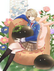  1girl brown_hair commentary_request couch flower grass hair_over_one_eye heaven_burns_red highres kanon2751 kayamori_ruka narby_(heaven_burns_red) on_couch red_eyes short_hair sitting slime_(creature) 